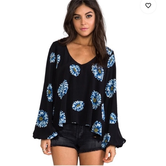 Show Me Your MuMu Black Boho Blouse Blue Daisy Floral Long Sleeved Top - Picture 1 of 16